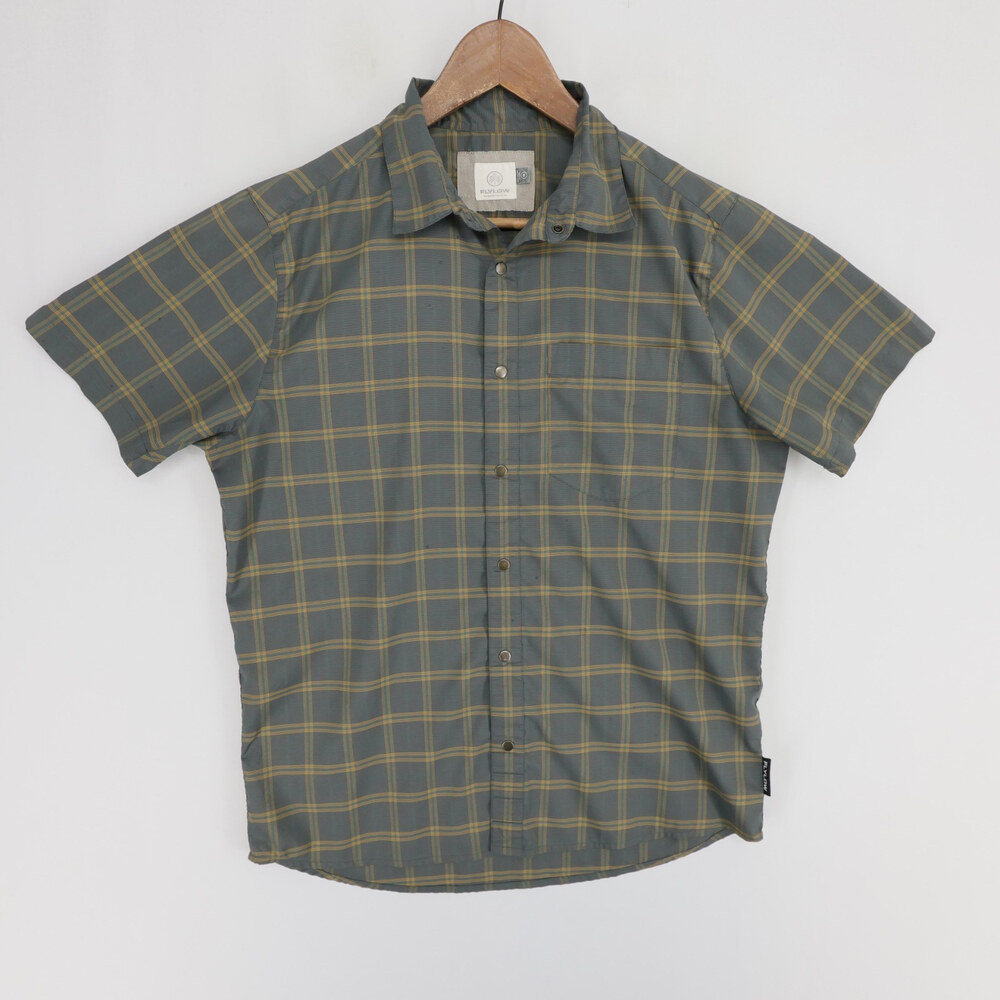 Flylow Anderson Shirt Mens M Gray Plaid Short Sleeve Snap Button Stretch Hiking